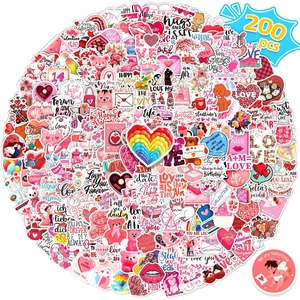 200-piece waterproof Valentine's Day sticker set featuring pink heart and rose motifs