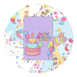 Set mit 18 Kawaii Geburtstagskarten im japanischen Stil mit bunten Torten und Luftballons