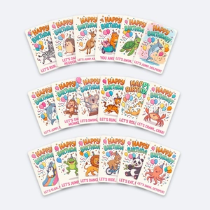 Set di 18 biglietti d'auguri per bambini con motivi di animali e disegni a tema compleanno