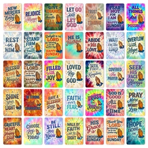 Detailed grid view of 35 diverse religious prayer hand stickers with vibrant artistic designs