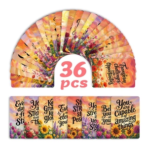 Set of 36 motivational floral cards with watercolor sunflower and tulip illustrations