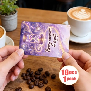 Close-up of fantasy purple oracle card with hourglass design on a rustic cafe table