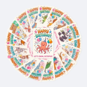 Biglietti auguri compleanno animali con polpo e palloncini per feste di bambini
