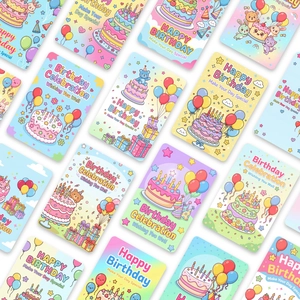 Set mit 18 bunten Geburtstags-Grußkarten mit Ballons, Kuchen und niedlichen Tieren