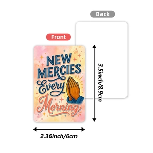 Religious prayer stickers with artistic New Mercies Every Morning slogan on 8.9cm x 6cm card