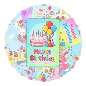 Set mit 18 bunten Geburtstagskarten mit 3D-Kuchendesign und festlichen Partyballons