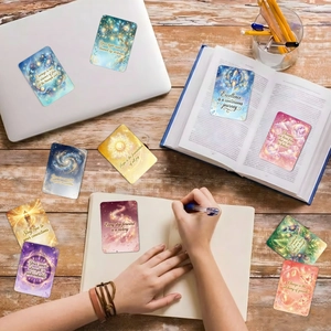 Set of colorful fantasy oracle cards with inspiring English quotes for desk decoration