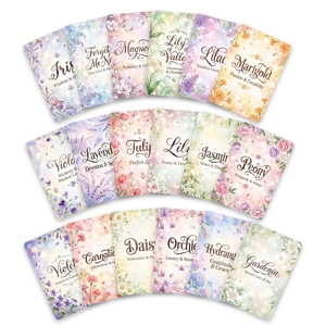 Set of 18 floral watercolor message cards with hand-drawn flowers and meanings