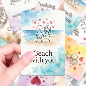 Detail einer minimalistischen Aquarellkarte mit Beach with you Text und Strichmännchen