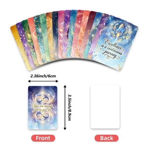 Detailed size chart of colorful healing oracle cards with motivational English quotes