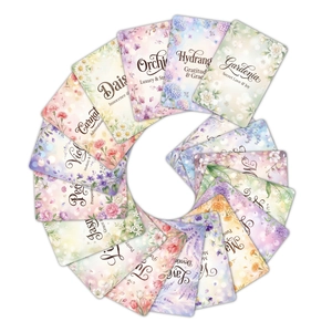 Set of 18 watercolor floral language cards with hand-drawn illustrations and meanings