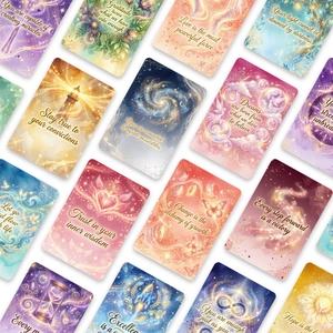 Detailed spread of colorful oracle cards with inspirational English quotes and dreamlike art