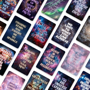 Tilted array of inspirational cards with dreamy space galaxy nebula and cosmic quotes