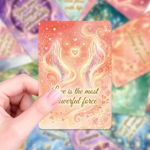 Macro shot of colorful oracle card with a glowing heart and love quote on paper