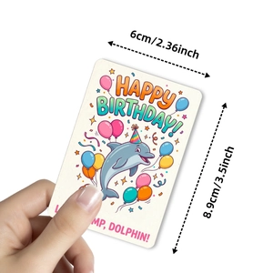 Biglietto compleanno cartone con delfino blu e palloncini, misura 6 cm x 8,9 cm