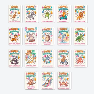 Set di 18 biglietti di compleanno con animali cartoon per messaggi di feste bimbi