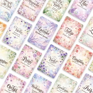 Detailed grid of watercolor floral cards with names and meanings on white background