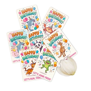 Set di 18 biglietti compleanno con animali cartoon come panda, canguri e tartarughe marine