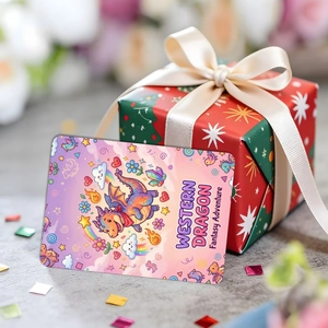 Japanese style card featuring a cute western dragon illustration next to a festive gift box