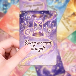 Detailed shot of an oracle card with hourglass design and Every moment is a gift quote