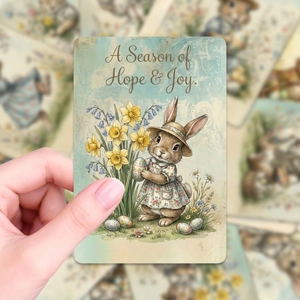 Close-up of vintage Easter card with rabbit holding eggs and Season of Hope & Joy text