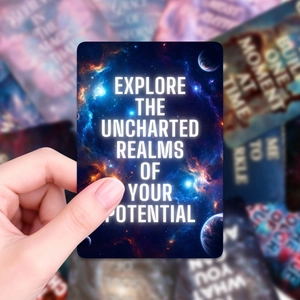 Detail of galaxy theme card with quote explore the uncharted realms of your potential