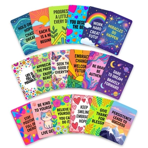 Detalle de 18 tarjetas de afirmación con ilustraciones a mano y frases motivadoras