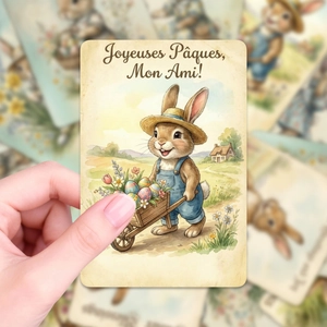 Close-up of vintage Easter greeting card with rabbit illustration and rounded edges