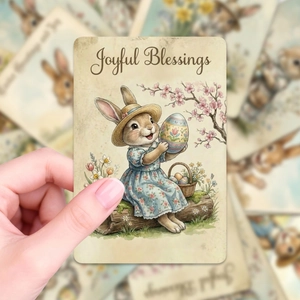 Detail of vintage Easter card with rabbit illustration and Joyful Blessings text