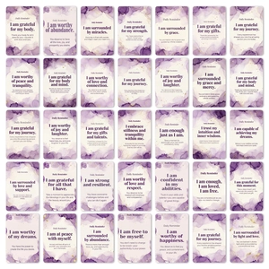Grid view of 35 daily affirmation cards with purple marble borders and gold foil accents