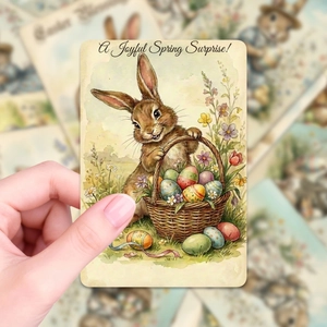 Detail of vintage Easter bunny card featuring watercolor rabbit with egg basket