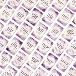 Set of minimalist affirmation cards with elegant purple ink and gold splatter patterns