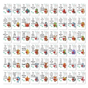 Grid layout of 54 cartoon animal cards with colorful hearts and punny inspirational quotes