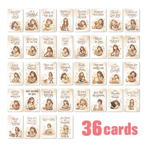 Set of 36 watercolor inspirational cards featuring girls and pets on cream background