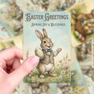 Detail of vintage Easter card with anthropomorphic rabbit holding a colorful egg