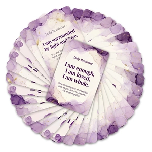 Modern set of purple watercolor daily affirmation cards for women with gold foil details