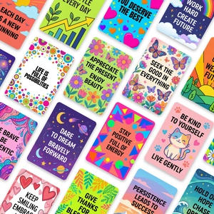 Set de 18 tarjetas de afirmación positiva con ilustraciones de flores y gatos suaves