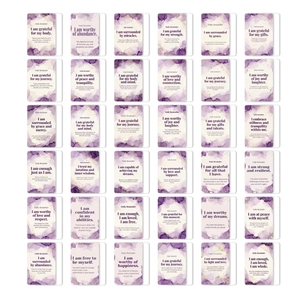 Detailed grid of 36 lavender watercolor affirmation cards with daily positive reminders