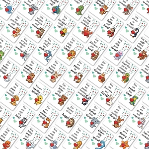 Detailed grid view of assorted cartoon animal lunchbox notes with motivational English puns