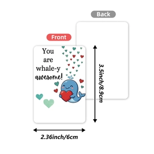 Detail showing 3.5x2.36 inch dimensions of cartoon whale motivational gift cards