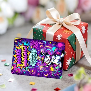 Detail of vintage pop art card with a rabbit magician and Make Magic text by a gift box