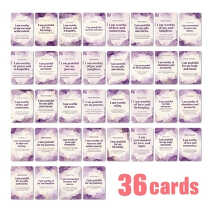 Set of 36 modern daily affirmation cards for women with purple watercolor and gold accents
