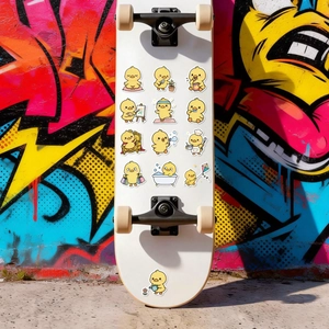 Adesivi impermeabili di papera gialla su uno skateboard con sfondo di street art