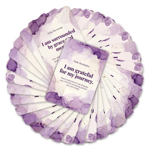 Detail of inspirational cards featuring purple marble textures and golden star accents