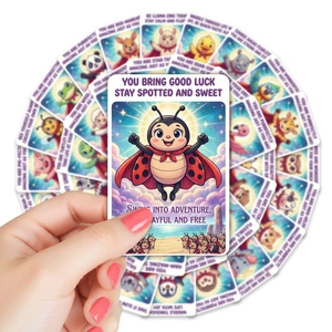 Hand holding a cute cartoon animal motivational card from a 36-piece gift set