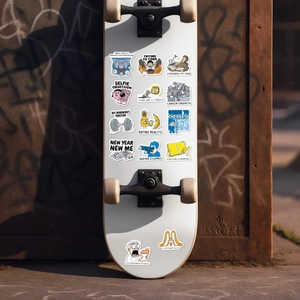 Skateboard with humorous meme stickers featuring funny English quotes and comic art