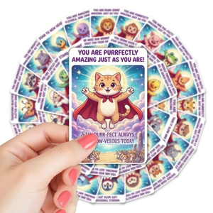 Close-up of cat hero inspirational card with encouraging puns and vibrant colors
