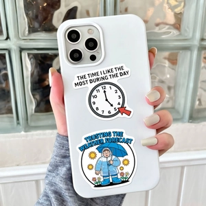 Detail view of iPhone case with humorous stickers and creative text on white background