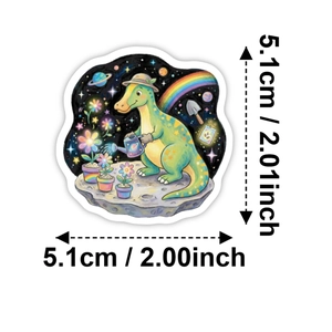 Waterproof cartoon dinosaur sticker with straw hat watering flowers on the moon