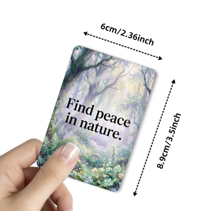 Macro detail of nature-themed card with quote Find peace in nature and 6x8.9cm dimensions